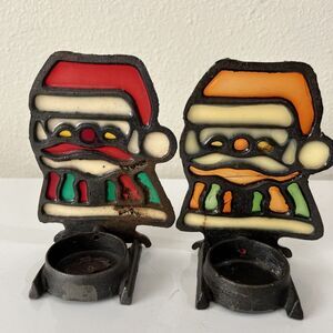 2 Vintage STAINED GLASS Christmas Santa Candle Holder Cast Iron Votive Tea Light